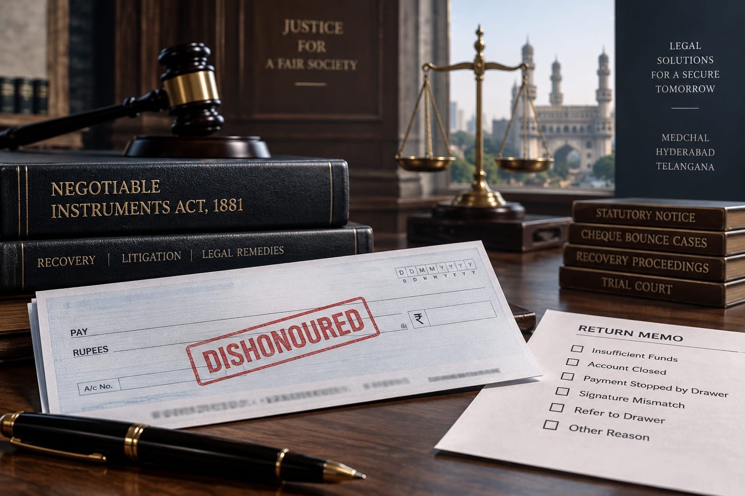 Dishonoured cheque, return memo and the Negotiable Instruments Act — cheque-bounce work at SN Law Chambers, Medchal