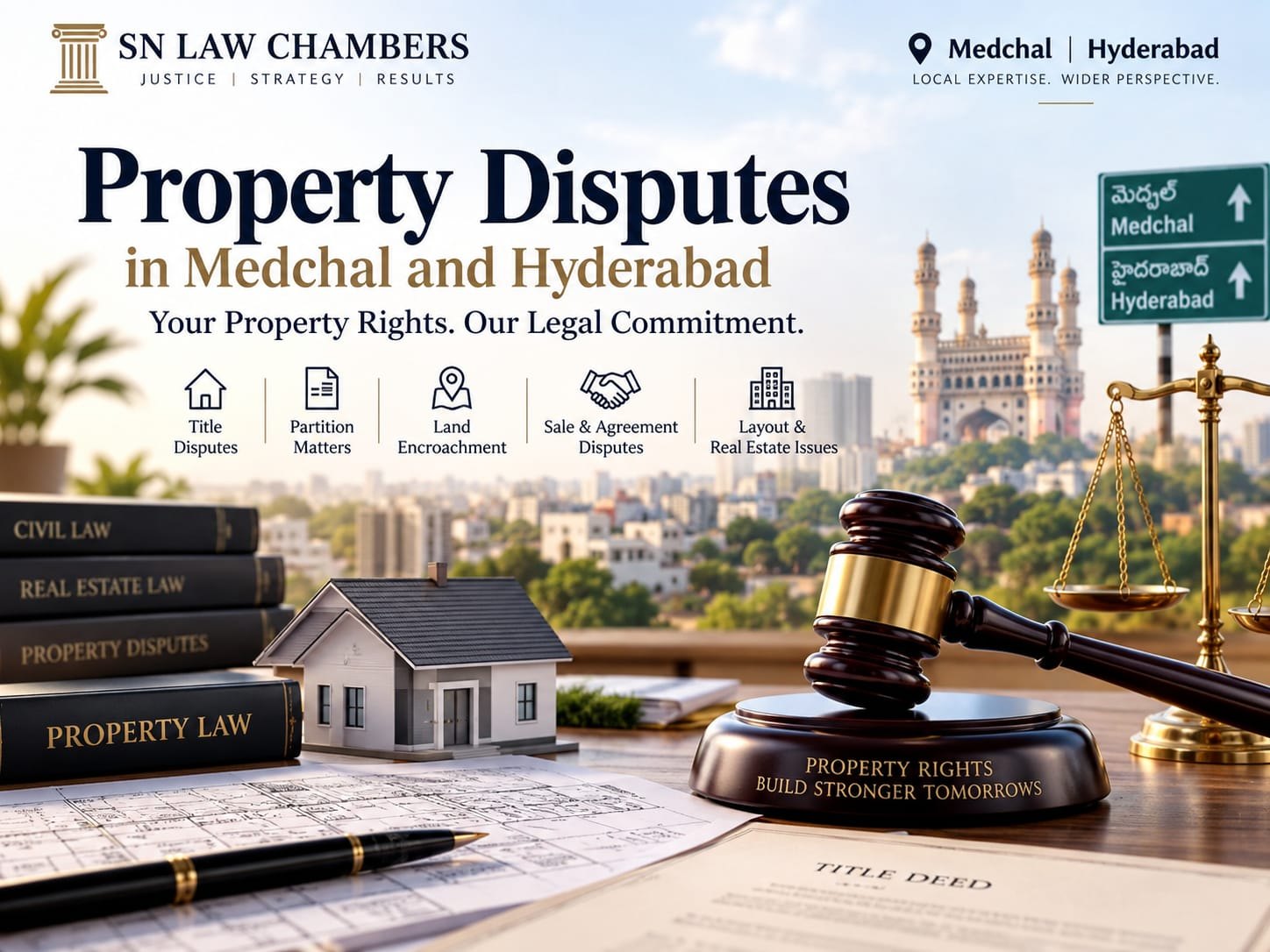 Property disputes in Medchal and Hyderabad — title, partition, encroachment and real-estate work at SN Law Chambers