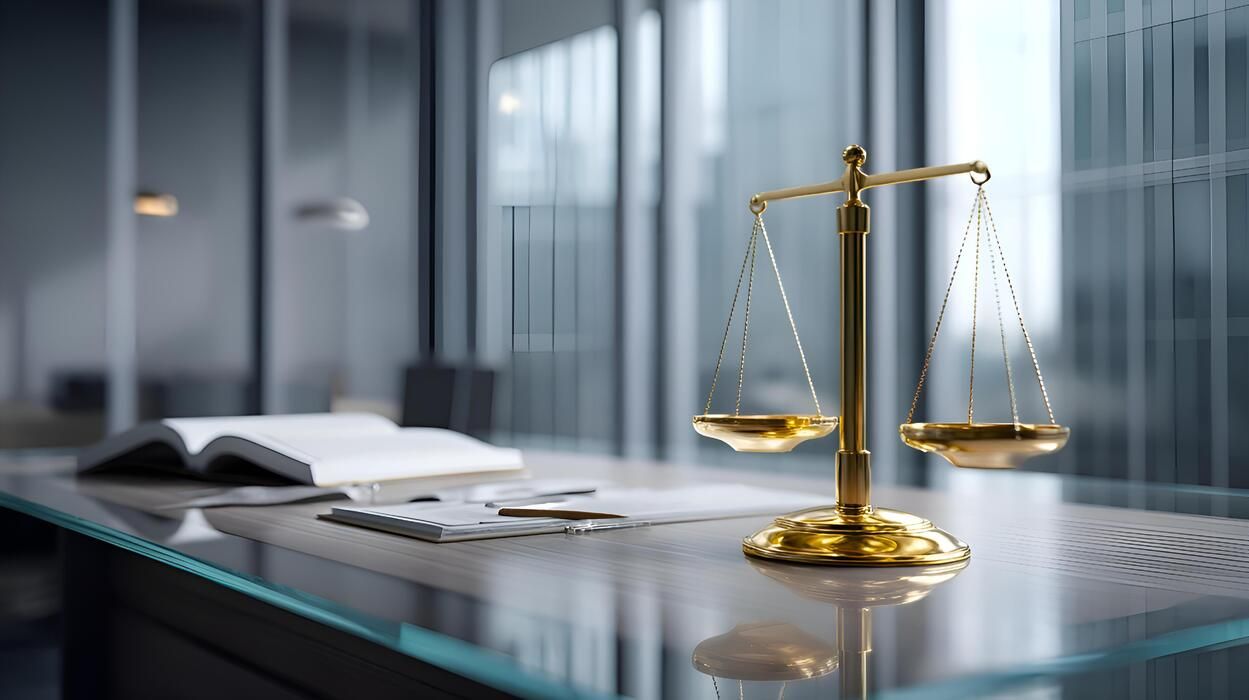Golden scales of justice on a glass desk in chambers